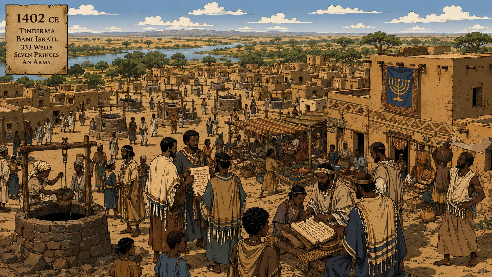 Tindirma 1402 CE — the Bani Isra'il community documented in the Tarikh al-Fattash Arabic manuscript with 333 wells, seven princes, and an army